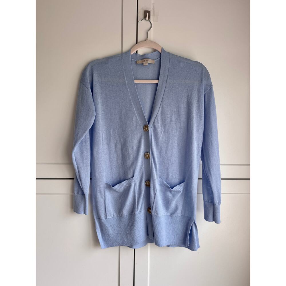 LOFT Linen Blend Cardigan Light Blue Button Front Size XS Work to Weekend Style